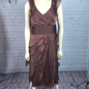 Adrianna Papell Dress Tiered Chiffon Mocha Midi EUC